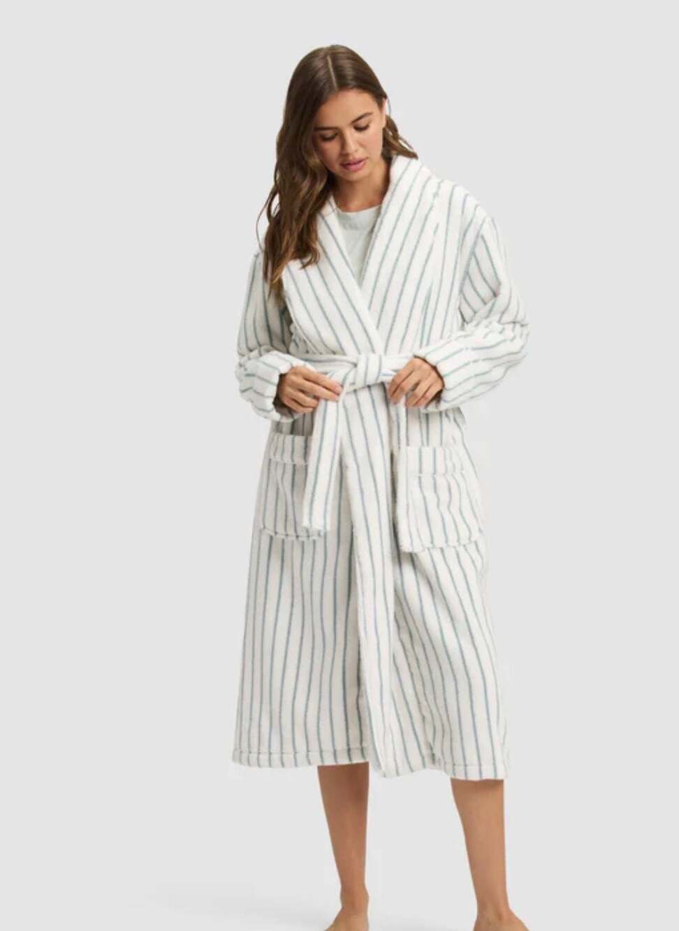 Cozy Earth Striped Luxe Bath Robe Brook/Seashell Size SM